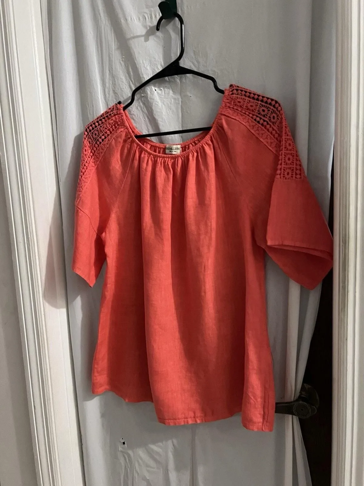 Product image for Terzo Millennio Salmon Orange Made In Italy Linen Crochet Shoulder Blouse Sz M - Terzo Millennio