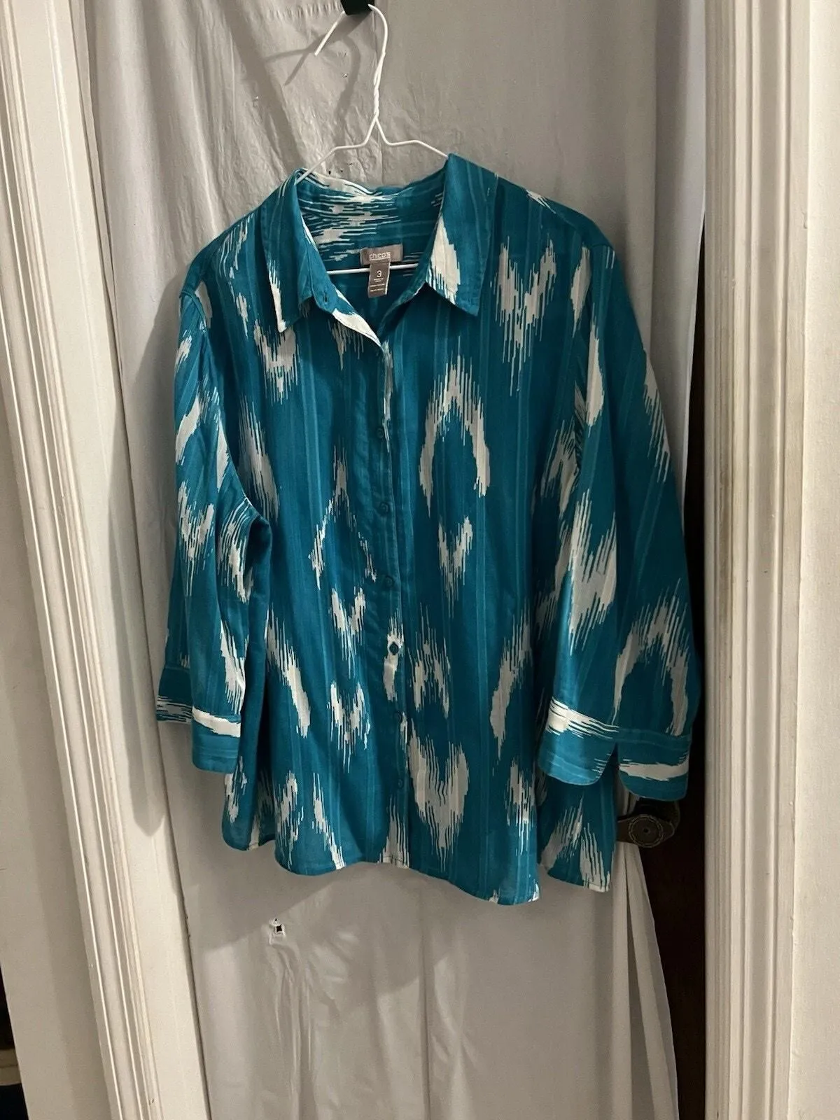 Product image for Chicos Teal White Ikat Button Up Top Sz 3/xl Lightweight Cotton - Chico's