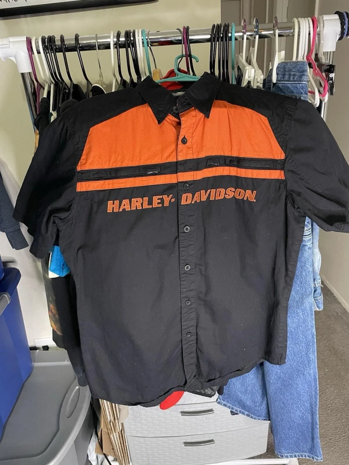 Product image for Size L- Mens Harley Davidson Motorcycle Button Down Short Sleeve Work Shirt Oran - Harley-Davidson
