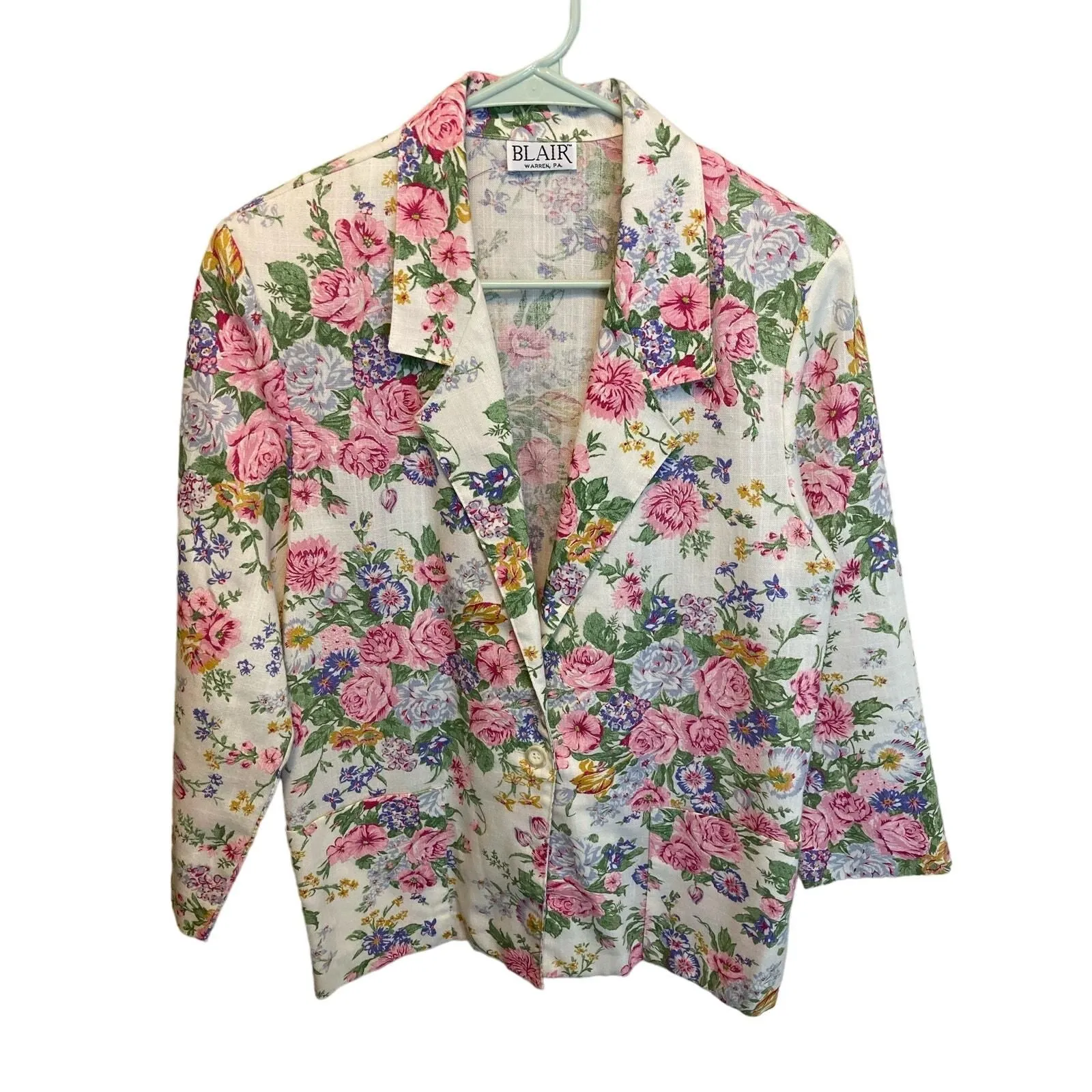 Product image for 90's Vintage Blair Long Sleeve Pink Lightweight Floral Blazer Size M/L - pre-owned---good - American Vintage