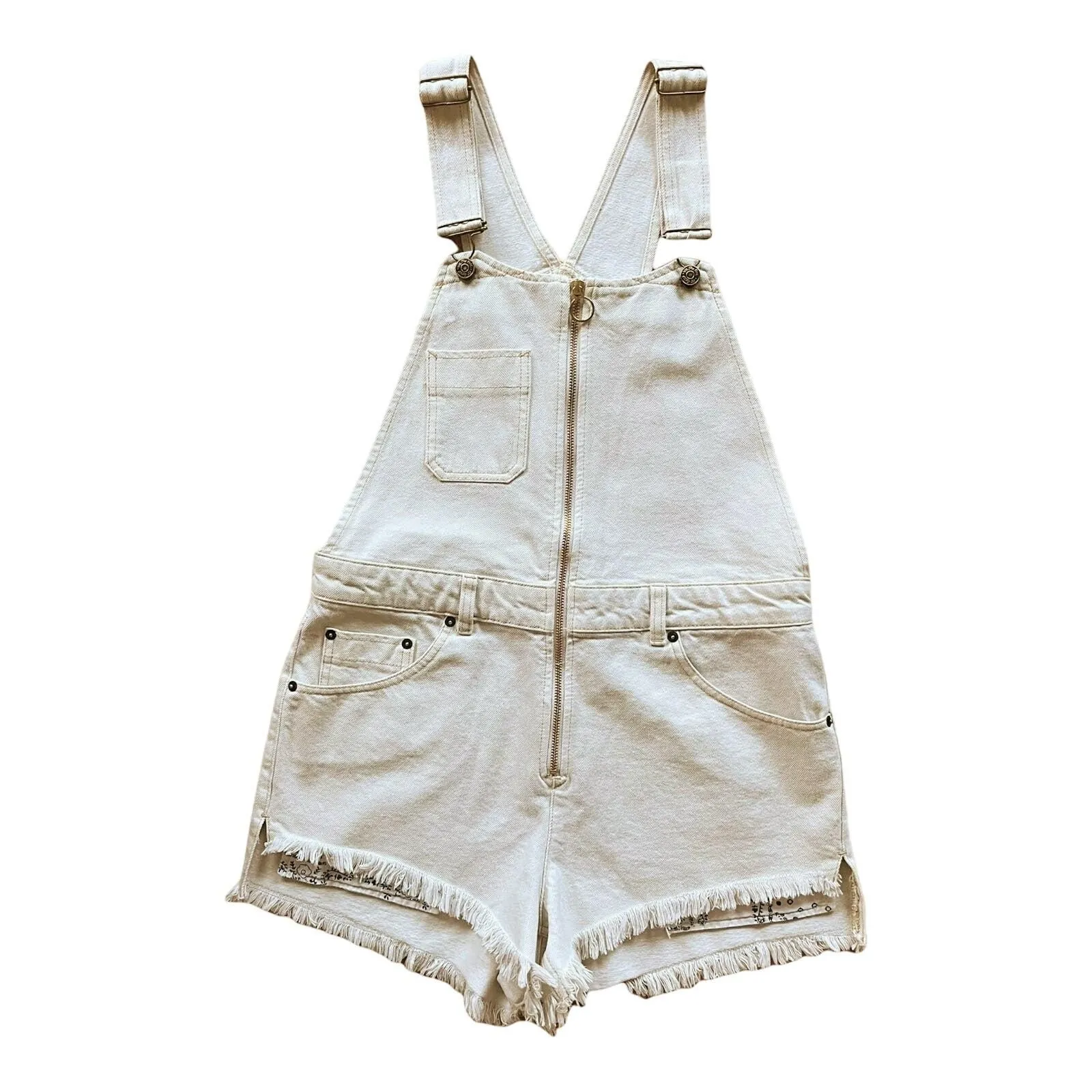 FREE PEOPLE Sunkissed Denim Short Overalls Front Zipper Pockets