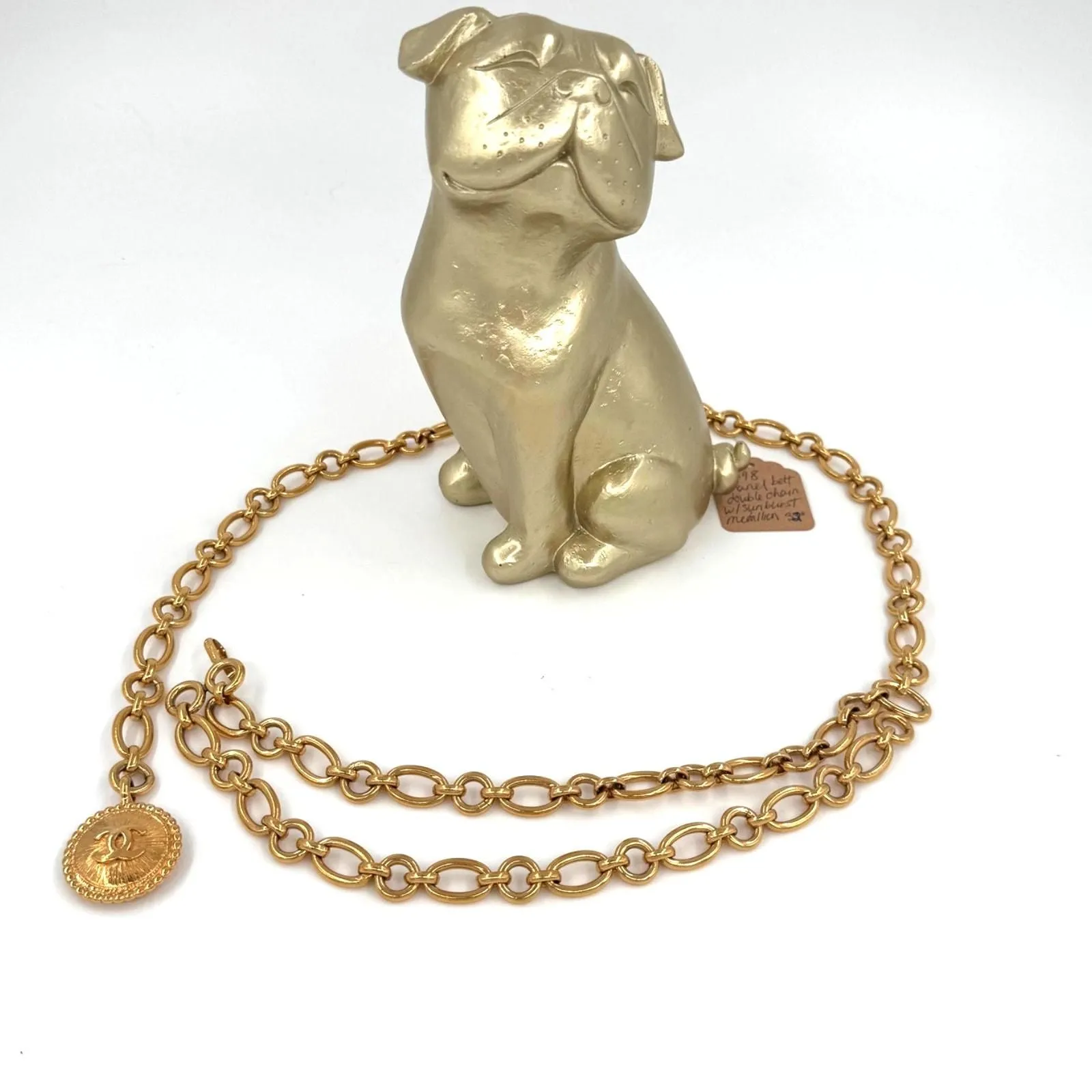 Product image for 186 Chanel Vintage 32" Double Strand with Sunburst Medallion Belt CoA 
