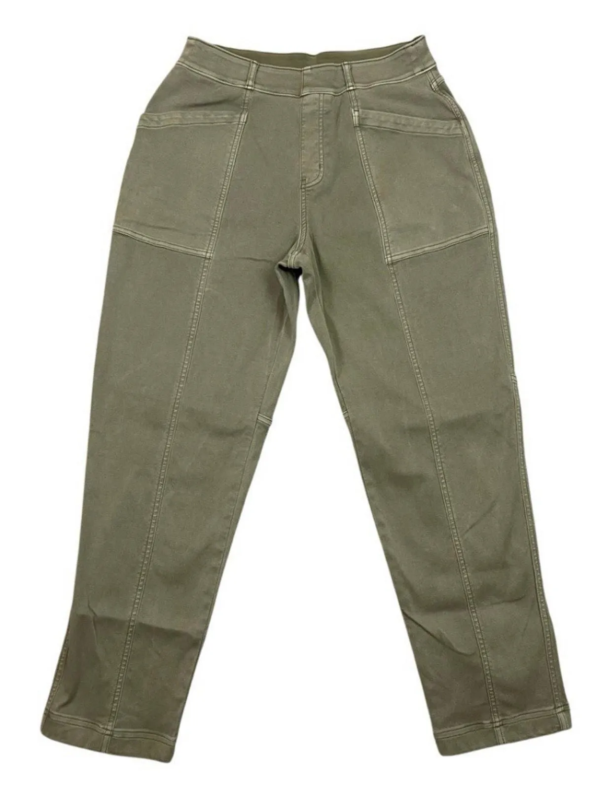 Product image for Spanx Patch Pocket Twill Straight Pull-On Seamed Pants Olive Oil Size L Large - pre-owned---excellent - Spanx