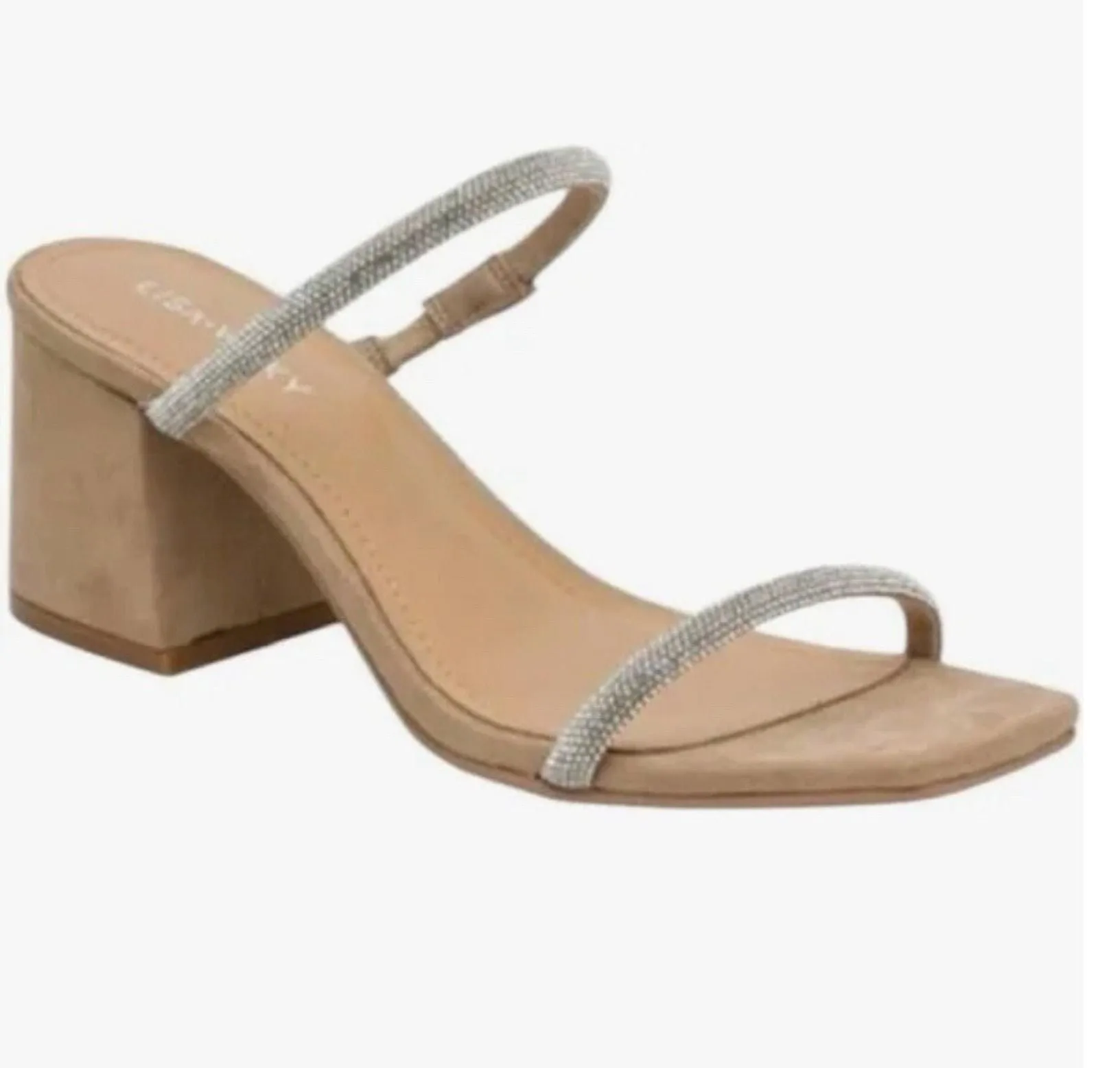 Product image for Lisa Vicky Tan Suede Mood-v Silver Hotfix Rhinestone Strappy Block Heel Slide 8 - Lisa Vicky