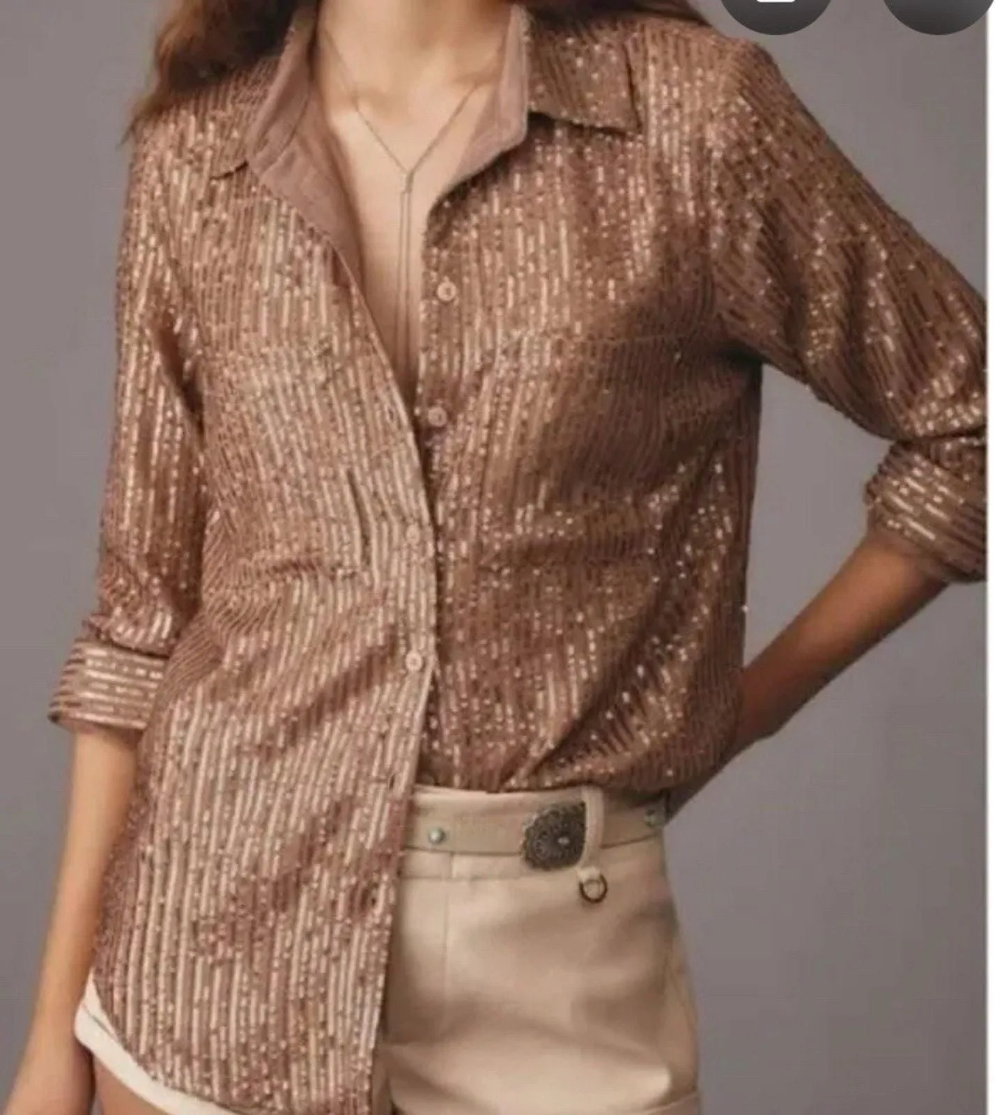 Product image for Anthropologie Brown Gold Remie Sequin Sparkle Button Up Blouse Sz LP - Anthropologie