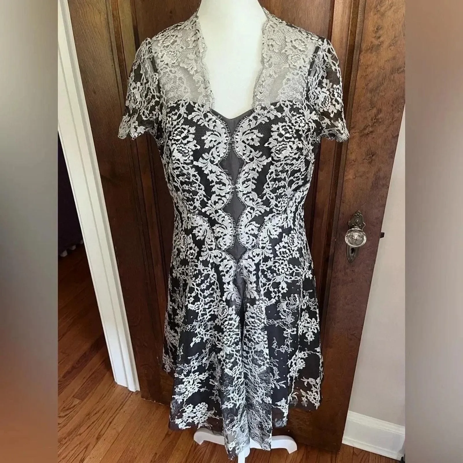 Product image for Carolina Herrera Black and Silver Cap Sleeve Lace Overlay Silk Dress Women Sz 8