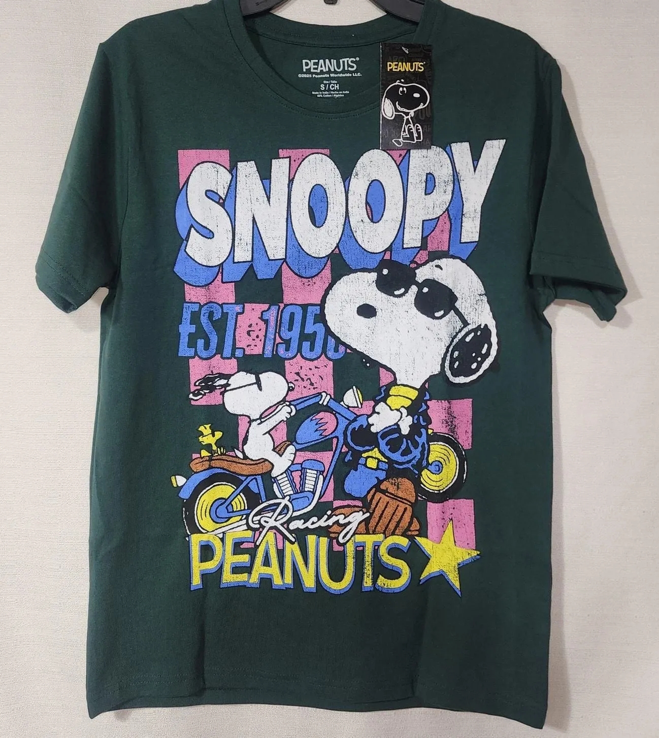 Product image for Snoopy racing est. 1950 peanuts men's green small shirt - new-without-tags - Snoopy