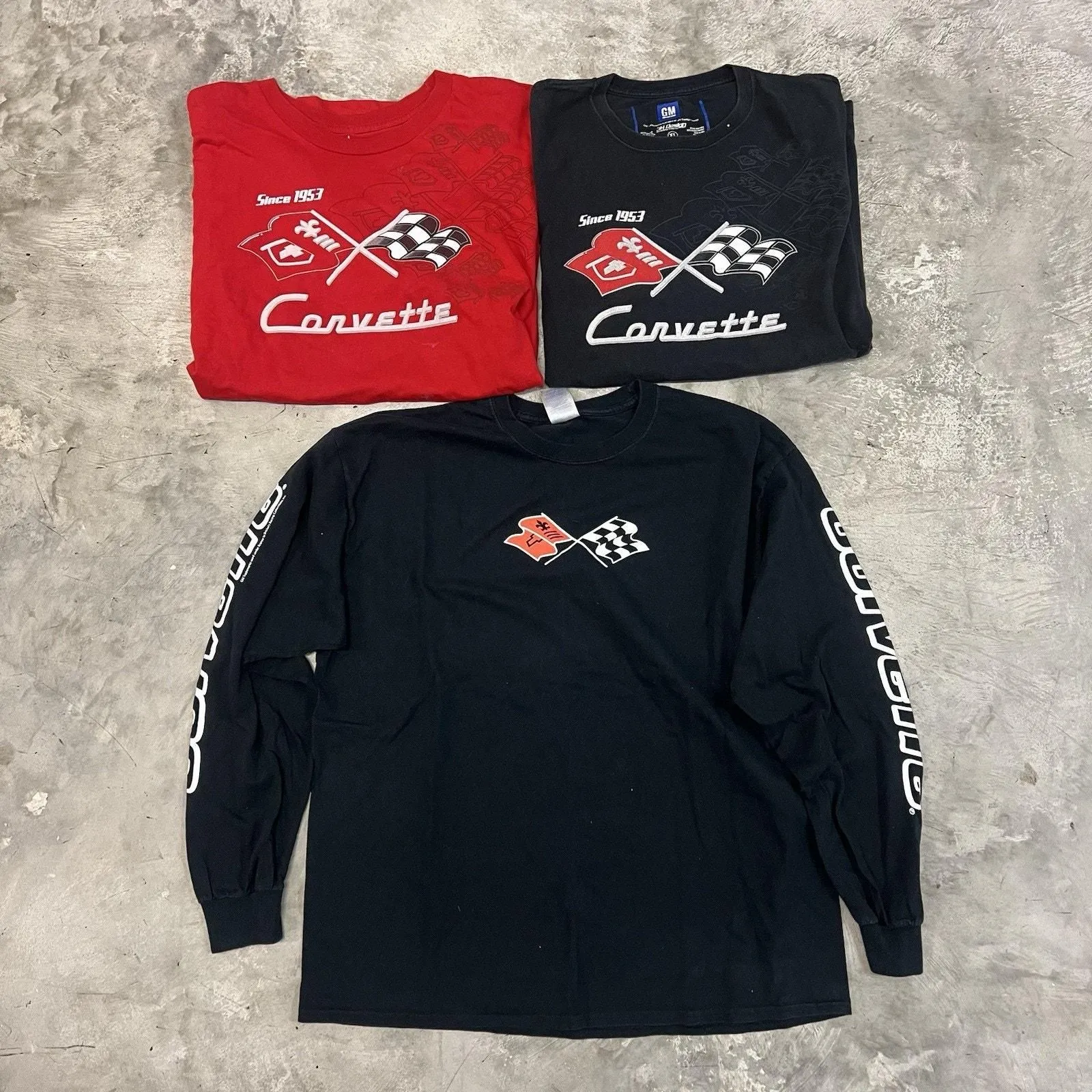 Product image for Lot Of 3 Corvette T Shirt Mens Size XL Black Print GM Short, Crew Longsleeve Red - Authorized General Motors