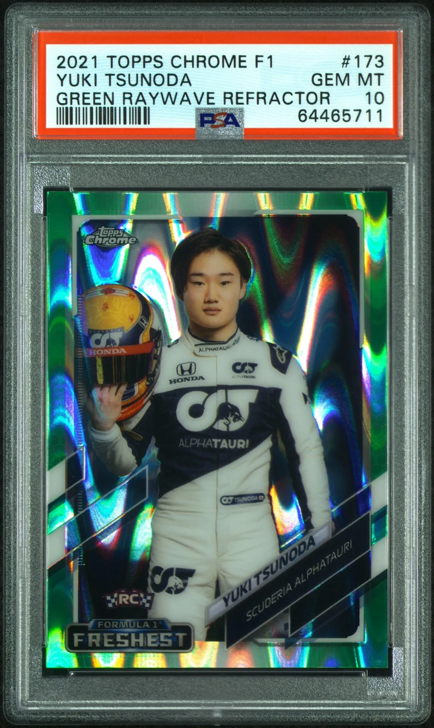 Product image for Yuki Tsunoda 2021 Topps Chrome F1 #173 Green Raywave Refractor /99 PSA10 GEM MT