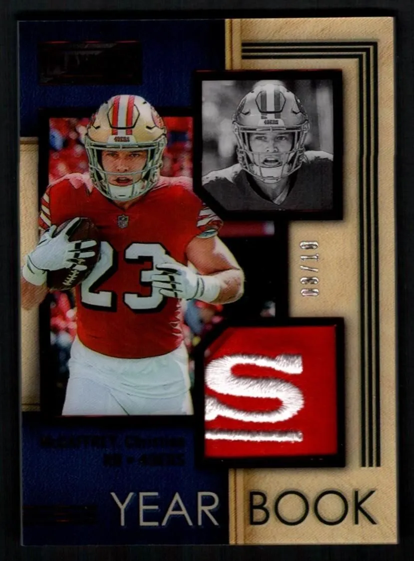 Product image for Christian McCaffrey 2023 Panini Playbook #YS-13 Year Book Patch /10 49ers