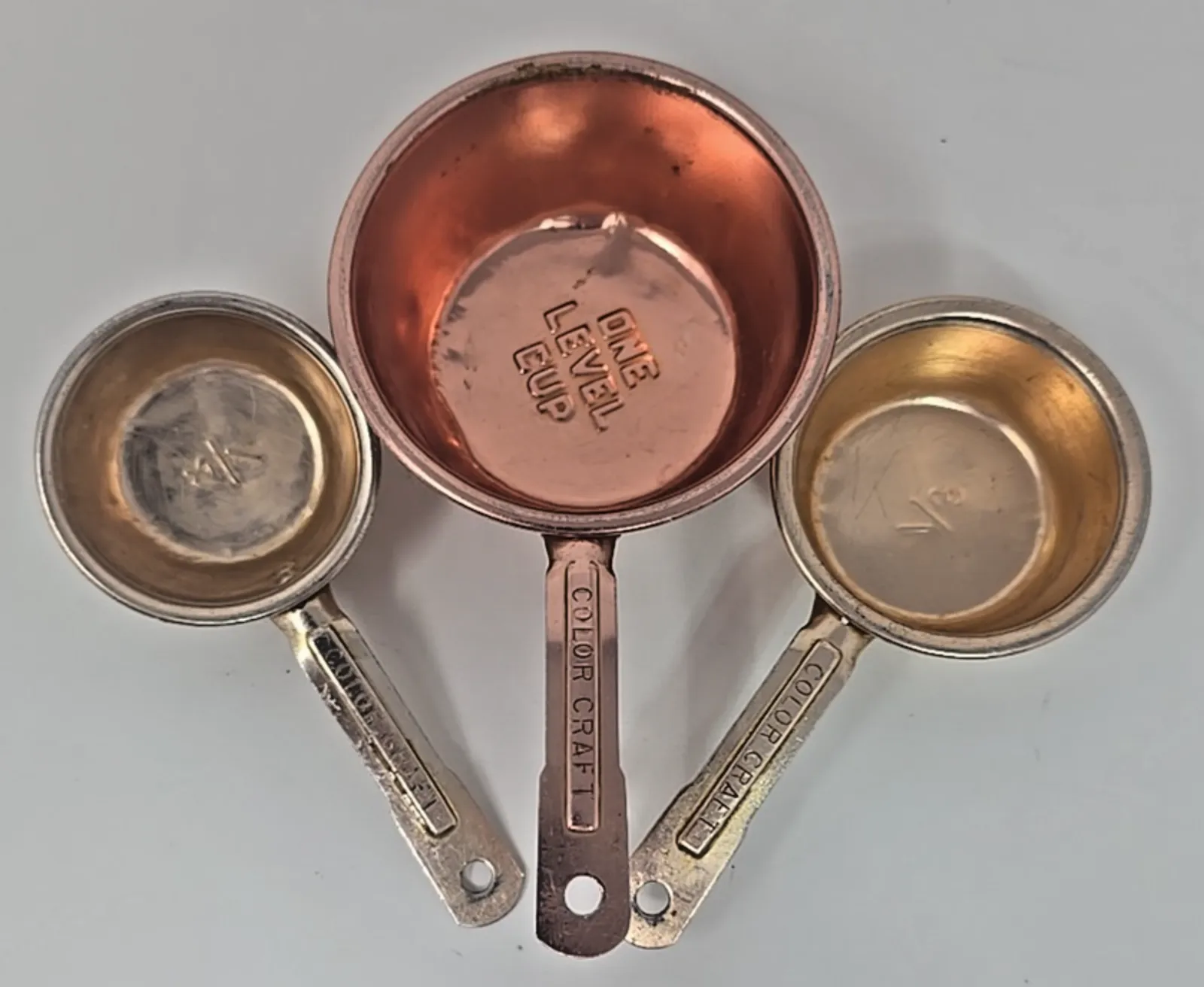 Product image for 3 Vtg Copper/pink Tone Aluminum Measuring Cup Set Nesting 1/4, 1/3, 1 U234