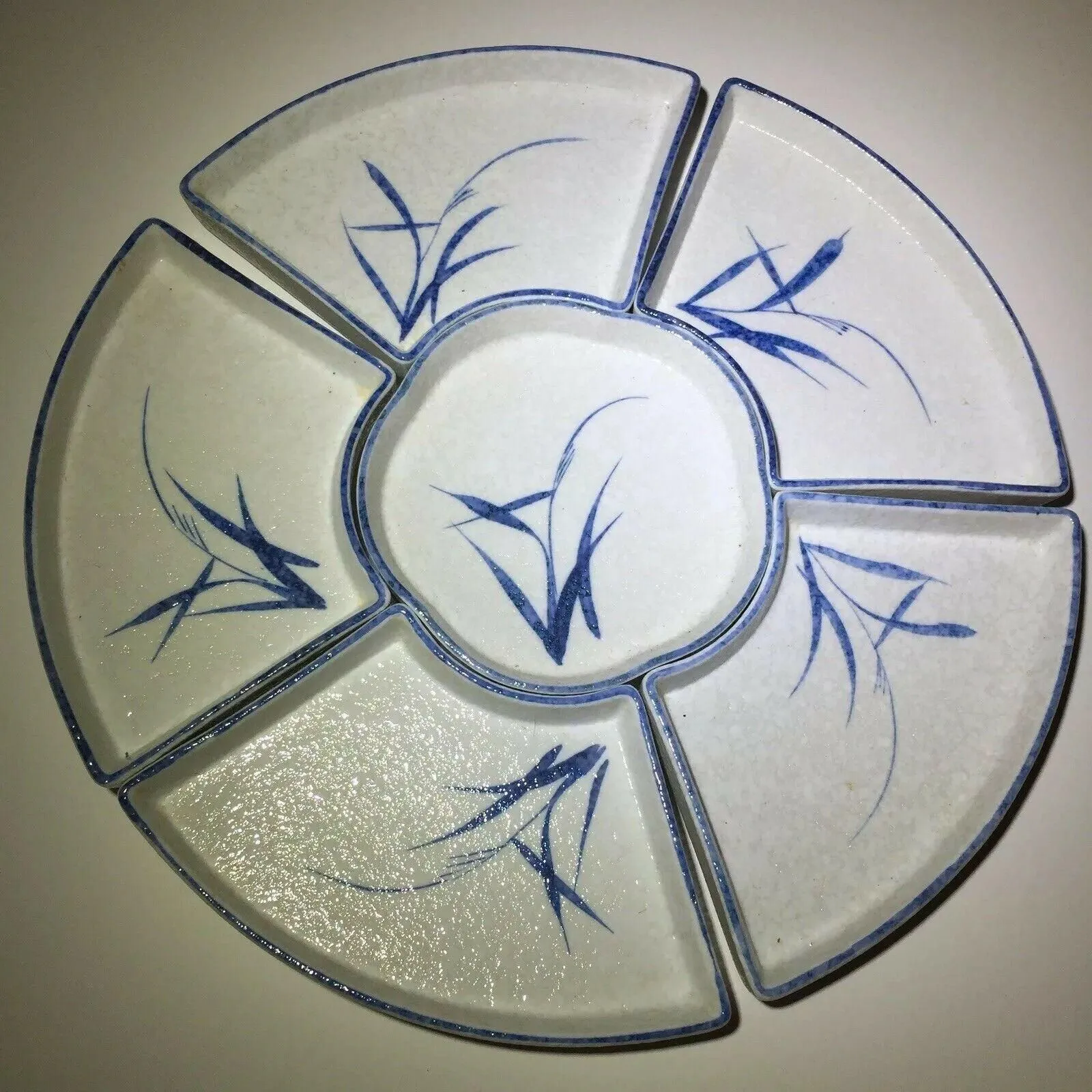 Product image for Bamboo Design Snack Set Asian Motif Blue & White Ceramic Serving Dishes Set of 6 - pre-owned---good