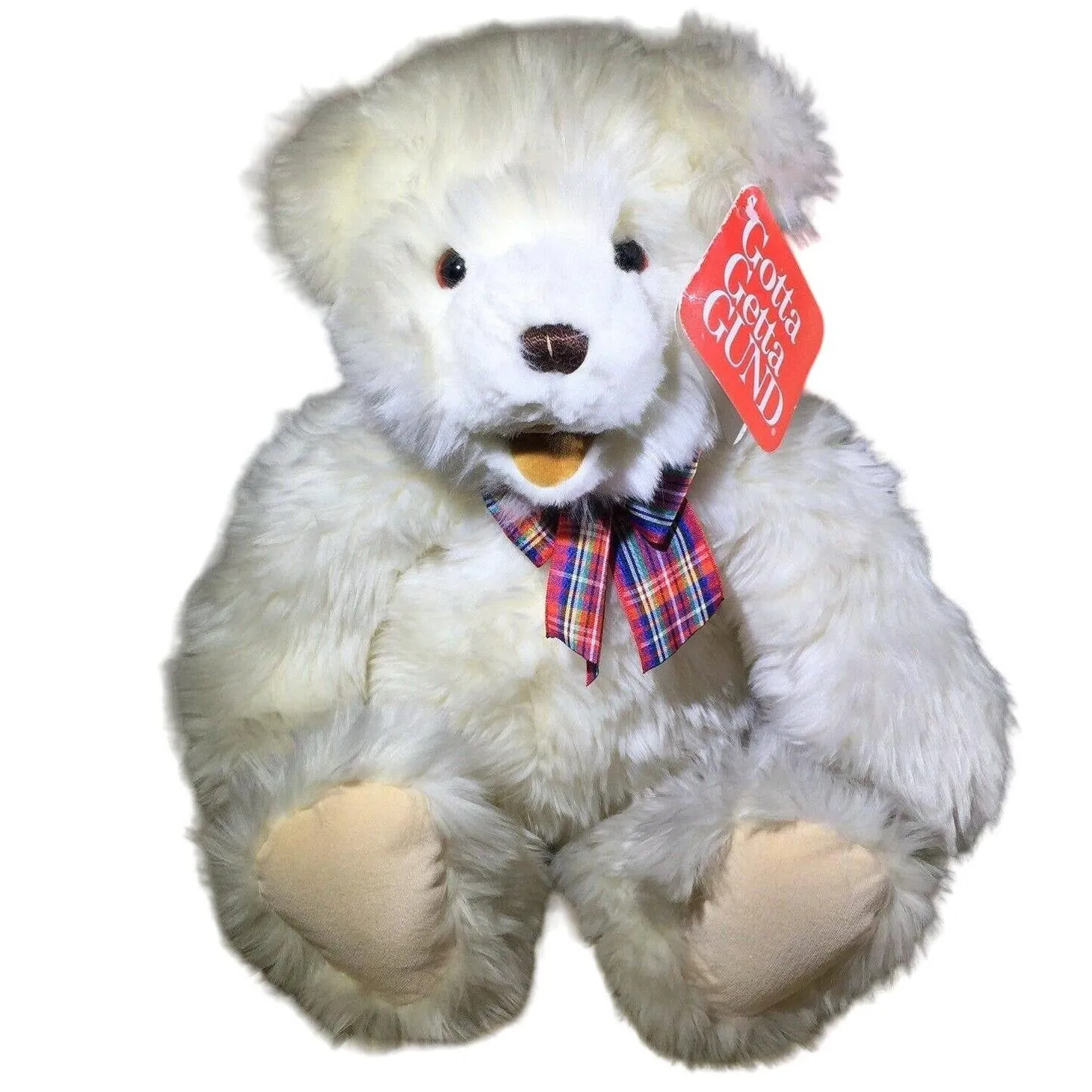 Product image for Gotta Getta Gund White Teddy Bear with Plaid Bow Tie THEO 2264 14” Tall - used