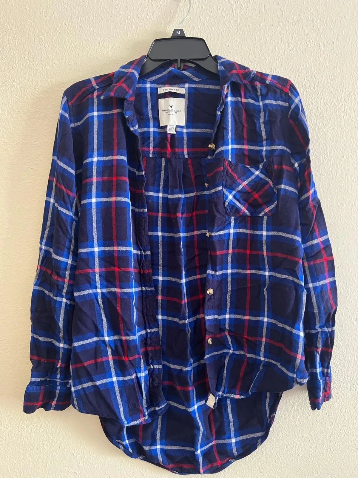 Product image for American Eagle Blue, Red & White Plaid Flannel Button Down Top Size XS Pre-Loved - XS - Tops - pre-owned---good - American Eagle Outfitters