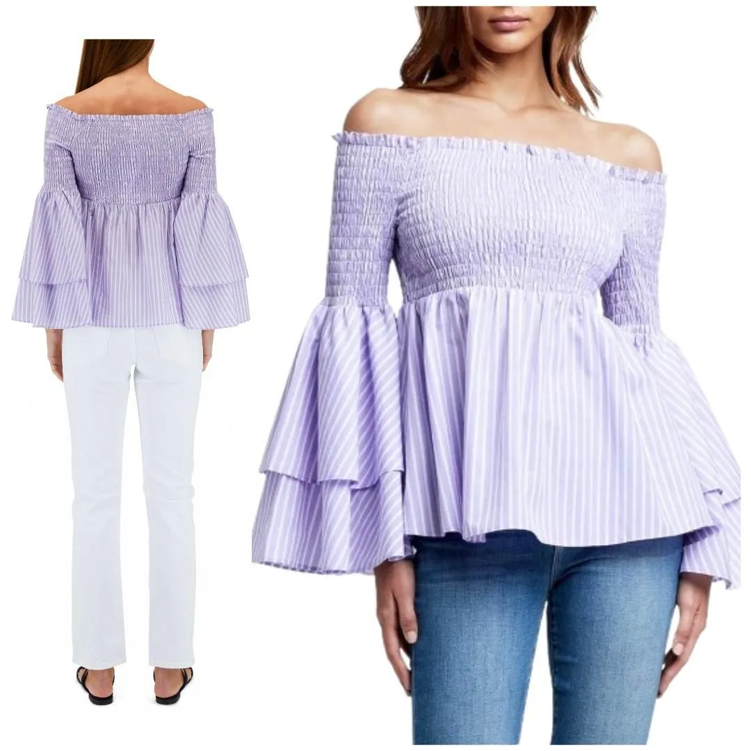 Product image for L'AGENCE Denver Purple White Stripe Off-The-Shoulder Top | Medium - pre-owned---good - L'Agence