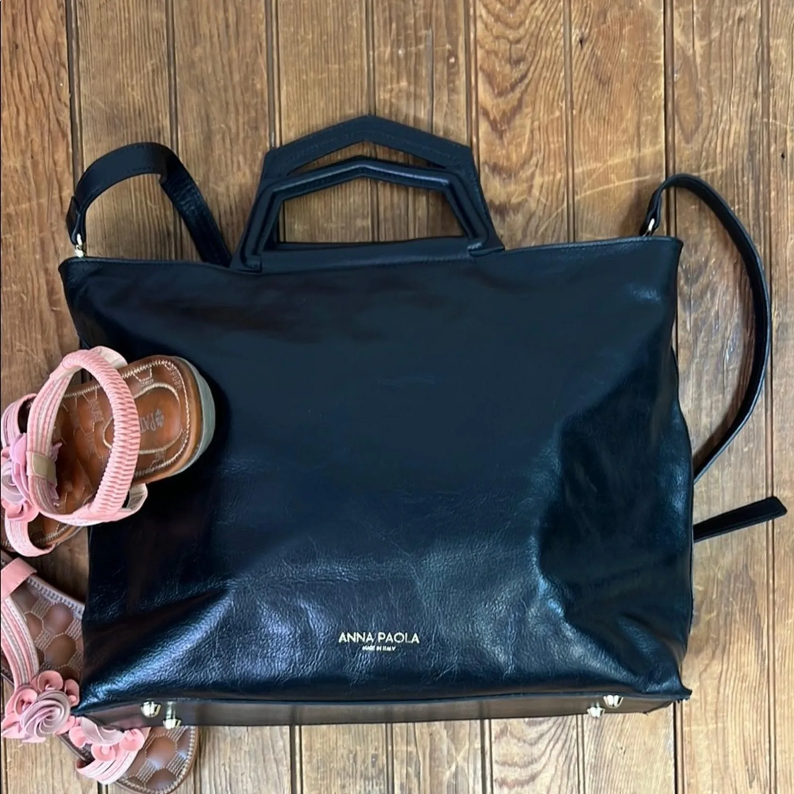 Product image for Anna Paola Italy Black Leather small zip top Tote Bag crossbody strap