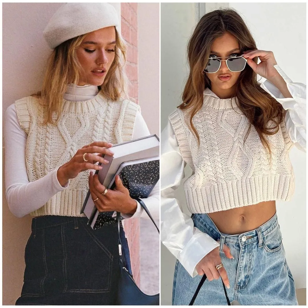 Product image for PRINCESS POLLY Carey Chunky Cable Knit Cropped Sweater Vest Beige XS-S - pre-owned---excellent - Princess Polly