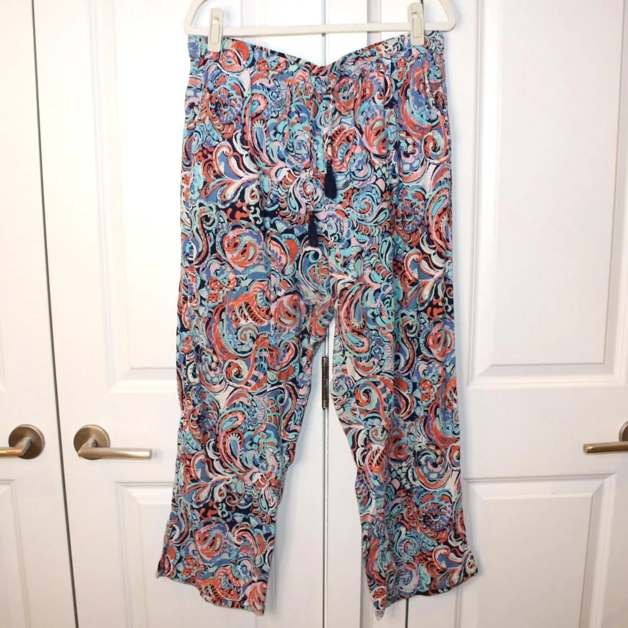 Product image for TALBOTS Paisley Print Wide-Leg Palazzo Pants Tassel Tie Waist | XL - pre-owned---excellent - Talbots