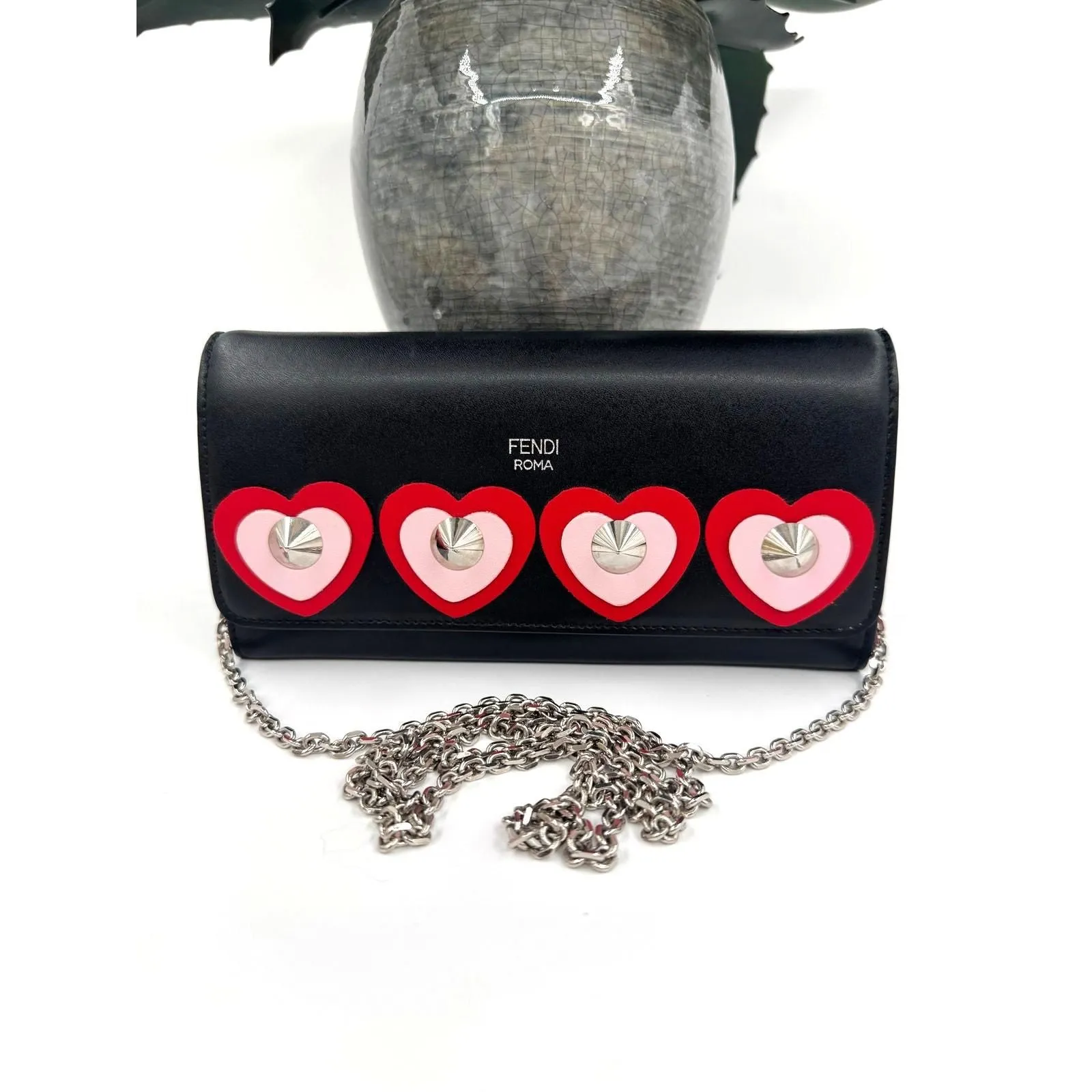 Product image for Fendi Black Pink Red Heart Rockstud wallet on chain WOC bag SHW Crossbody 