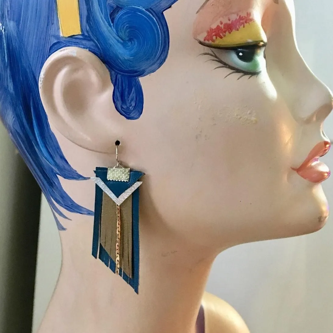 Product image for Dark turquoise and dark gold leather fringe statement earrings