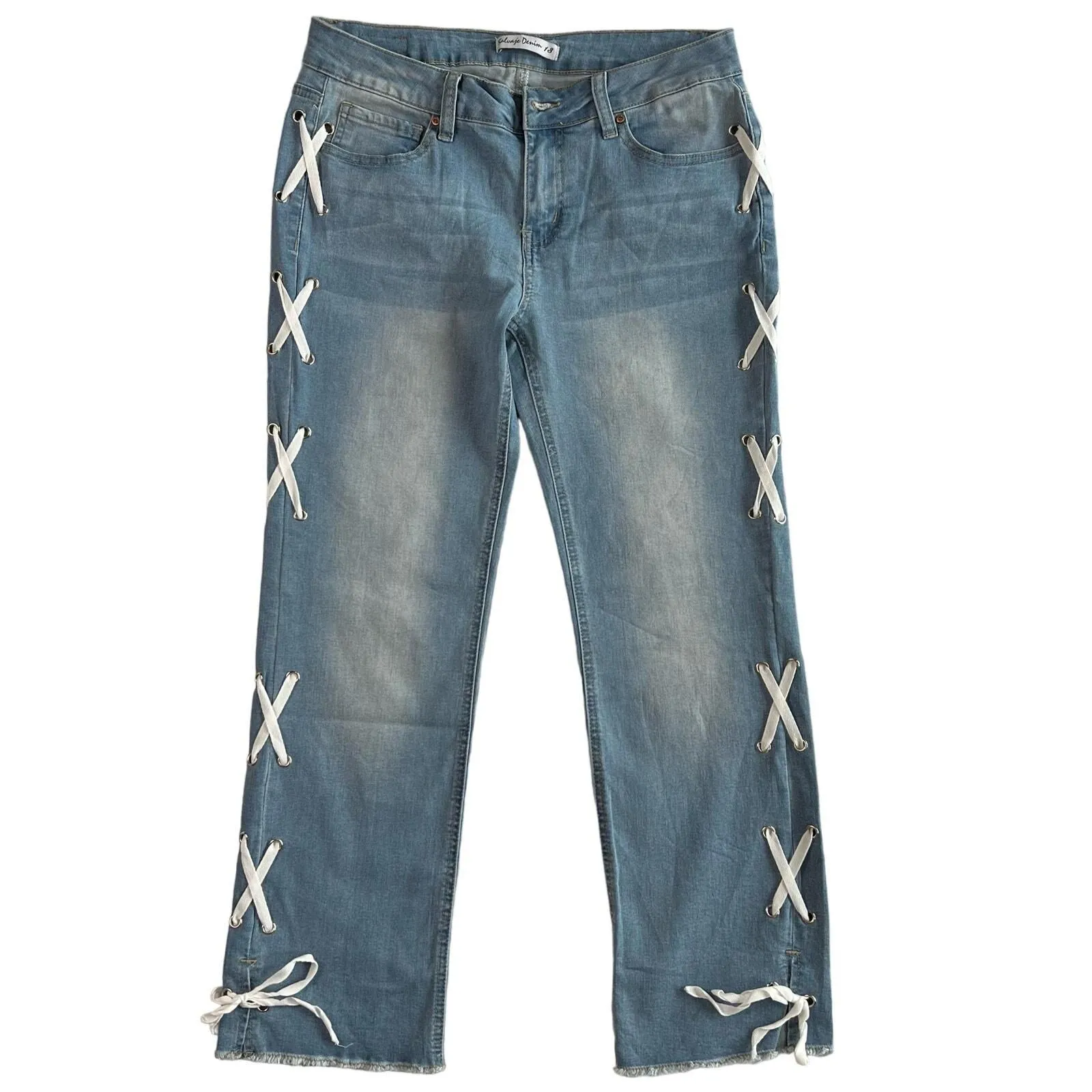 Product image for Salvaje Women's Size 13 Tie Up Light Wash Jeans Wide Leg  - pre-owned---good - Salvaje Jeans