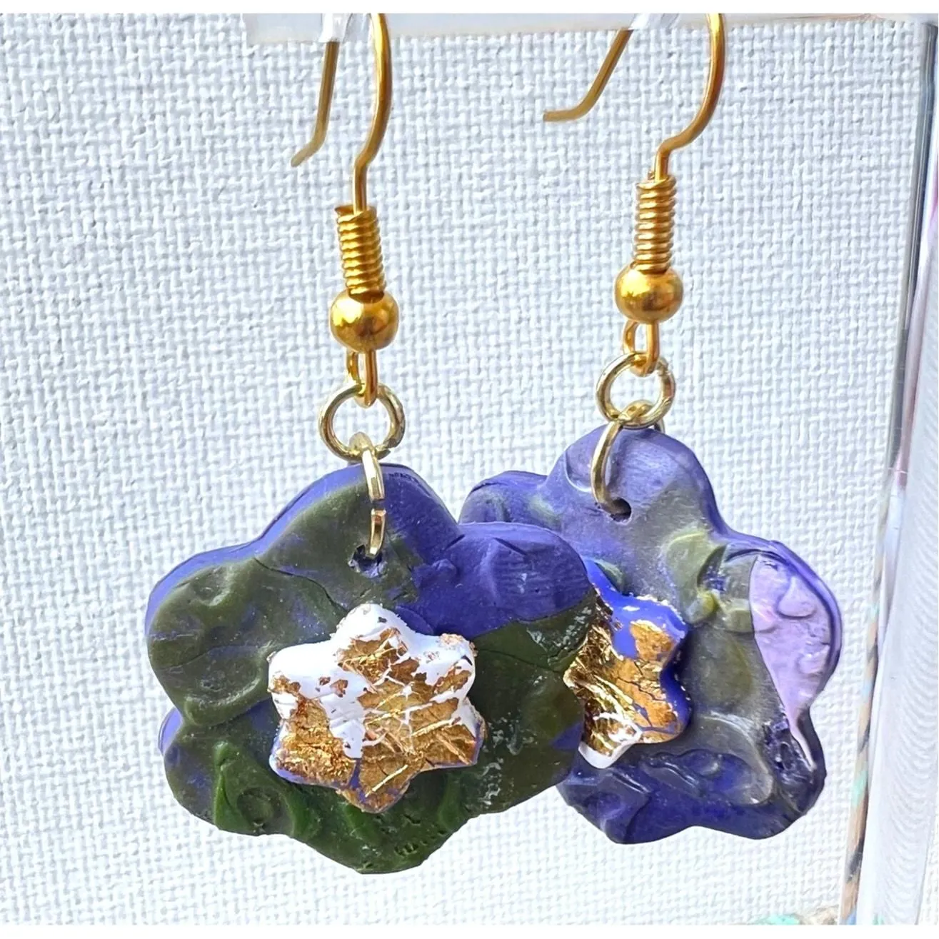 Product image for Artisan Star in Flower Purple & Green Clay Dangle Earrings 1.75" Long - Earring - new
