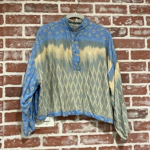 Product image for WeBeBop Vintage Women's Mixed Print Blue Western Boho Long Sleeve Tee One Size