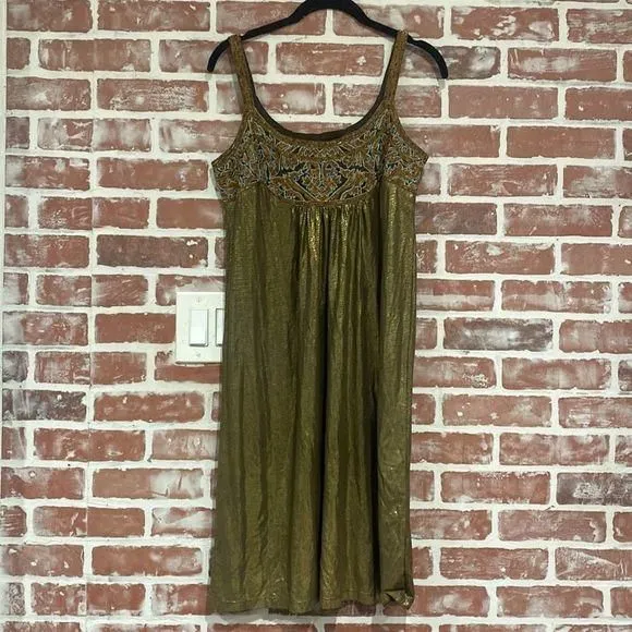 Product image for Label Ritu Kumar Brown Gold Lame Beaded Embroidery Tank Dress Preowned GUC XS