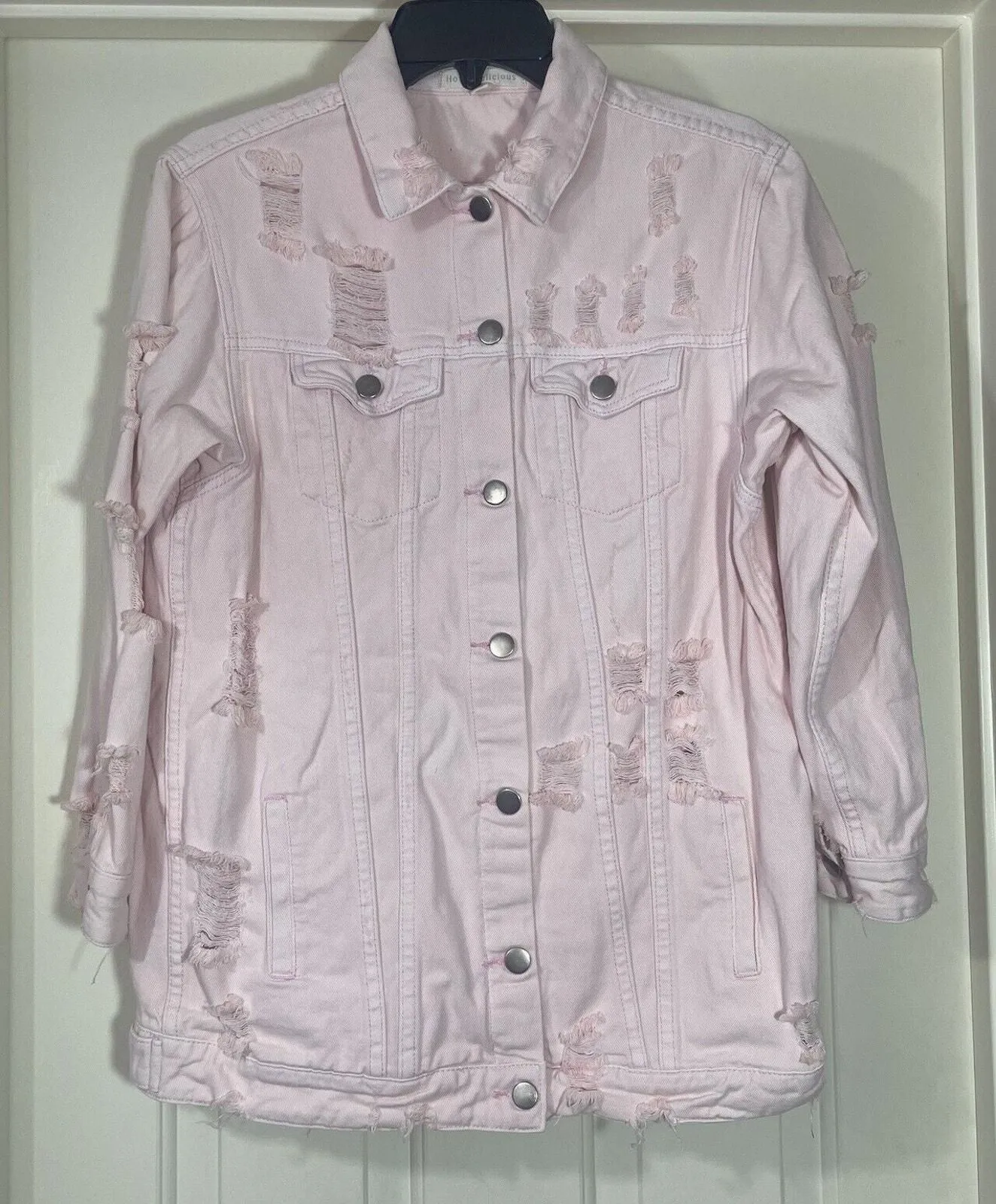 Product image for Hot & Delicious Denim Jacket Womens Size Small Pink OversizedDistressed ButtonUp - pre-owned---good - Hot & Delicoius