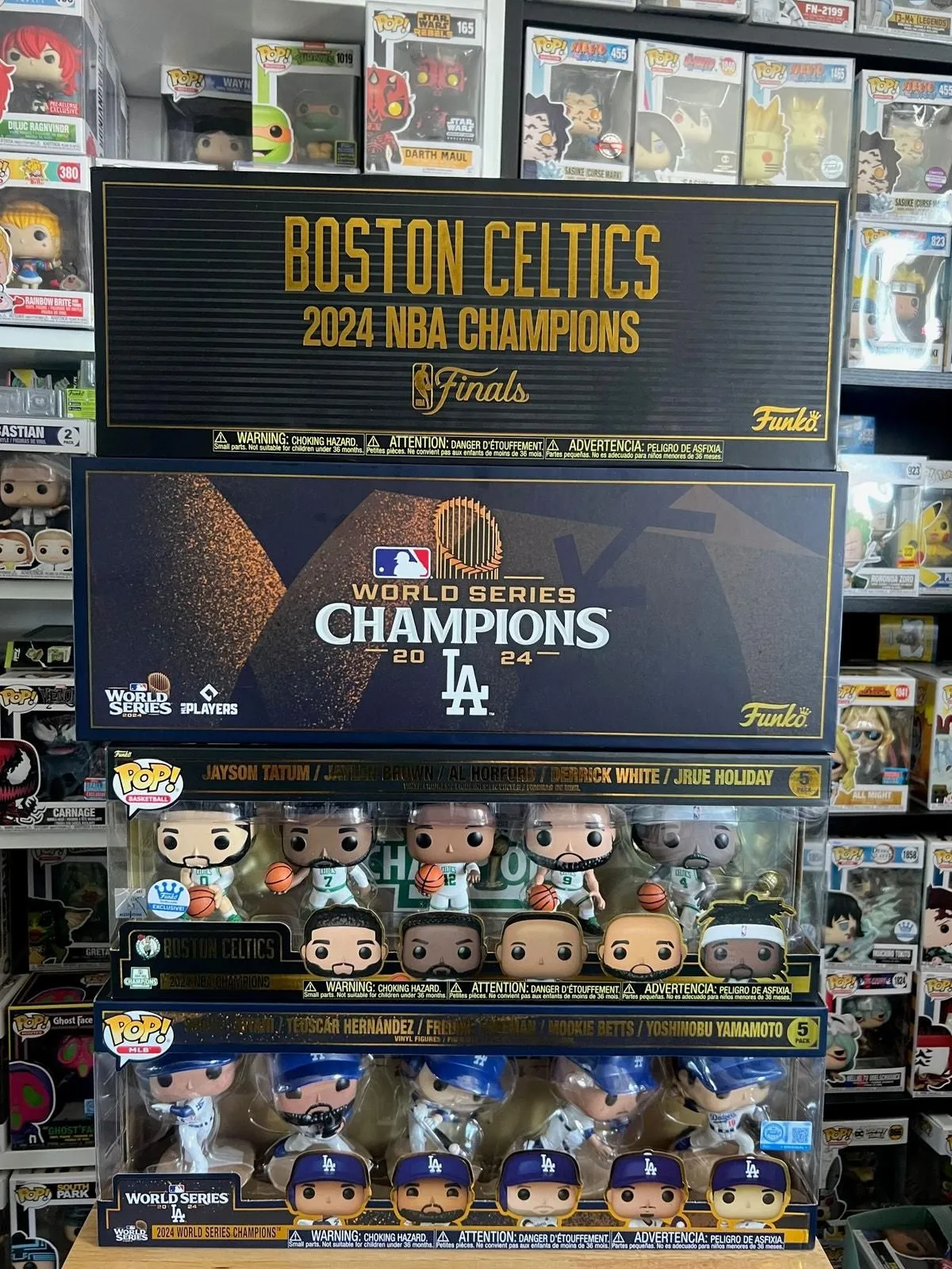 Product image for 2 SOLD OUT 2024 Champion Funko Pop 5-Packs Boston Celtics Dodgers World Series