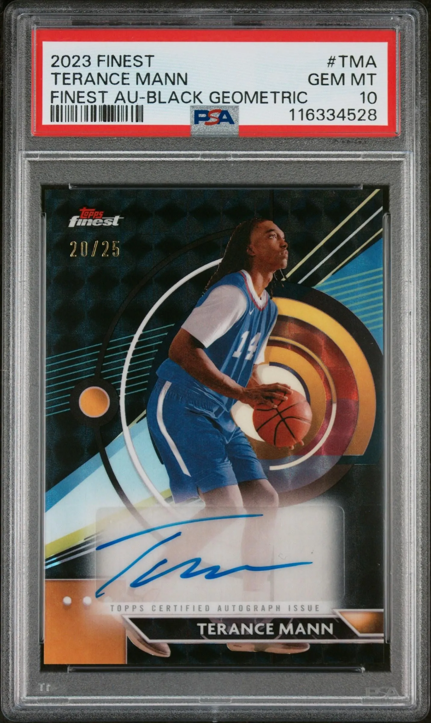 Product image for Terance Mann 2023-24 Topps Finest #TMA Black Geometric /25 Auto PSA10 GEM MT