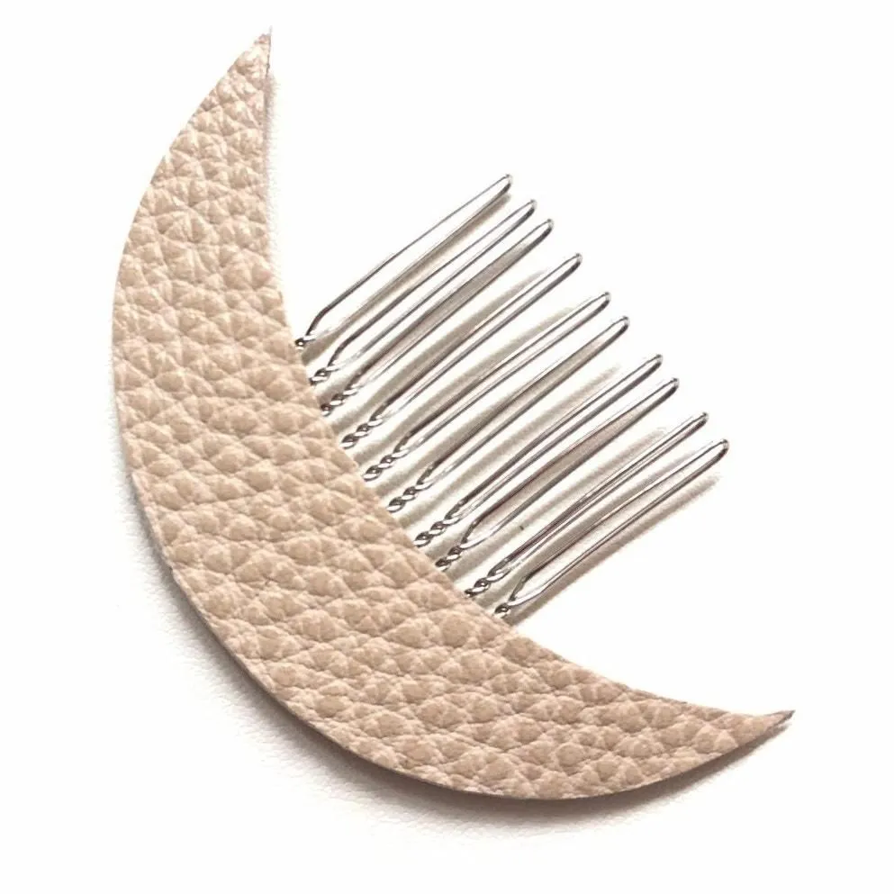 Product image for Artisan Handmade Leather Crescent Moon Celestial hair comb -cream cobble
