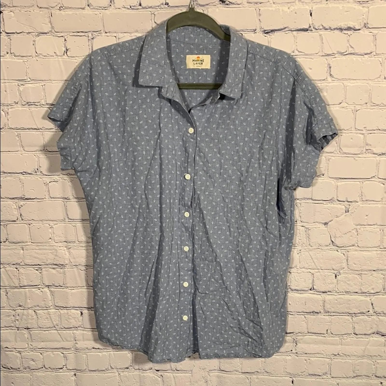 Product image for Marine Layer Womens Printed Button Down Shirt Cap Sleeve Blue White Size L Rayon - pre-owned---excellent - Marine Layer