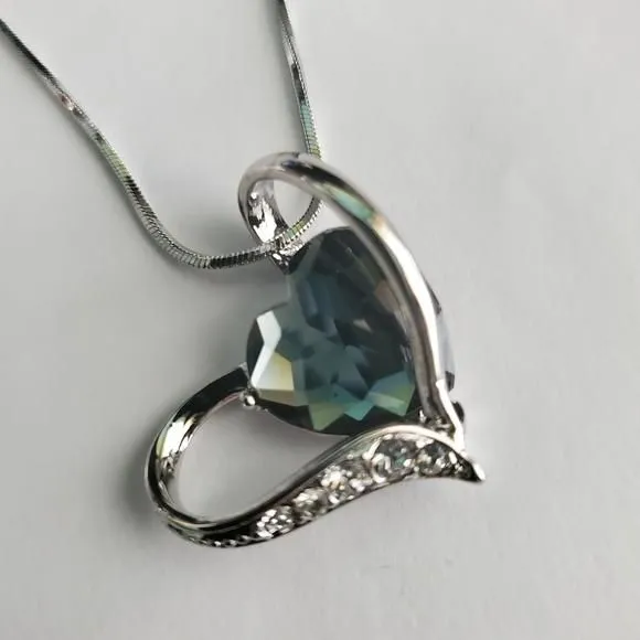 Product image for White Gold Plated Ocean Blue Heart Pendant and Crystal Necklace