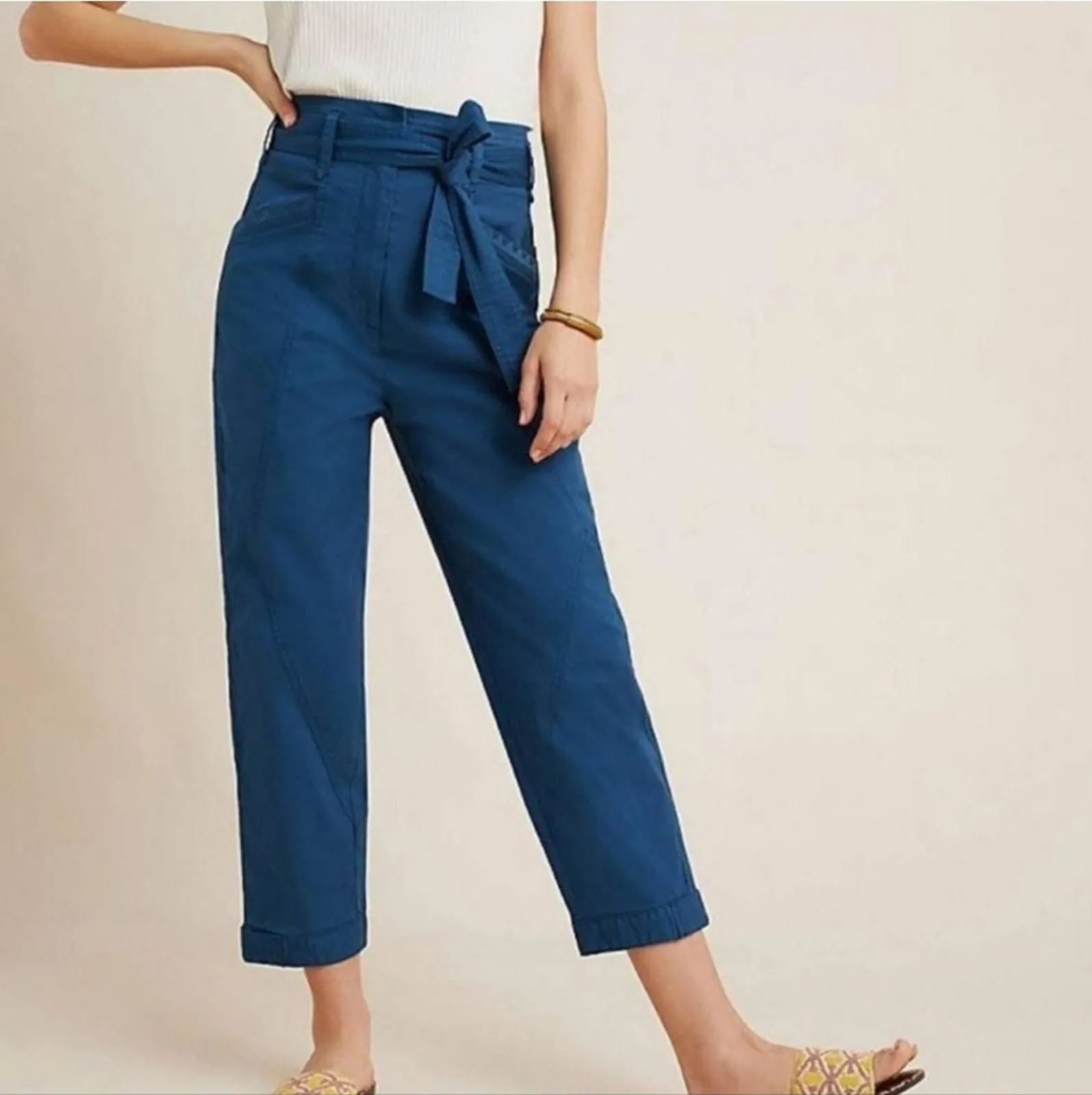 Product image for Anthropologie Ellie Embroidered Utility Paperbag Pants Size US 8 Turquoise - 8 - Bottoms - pre-owned---good - Anthropologie