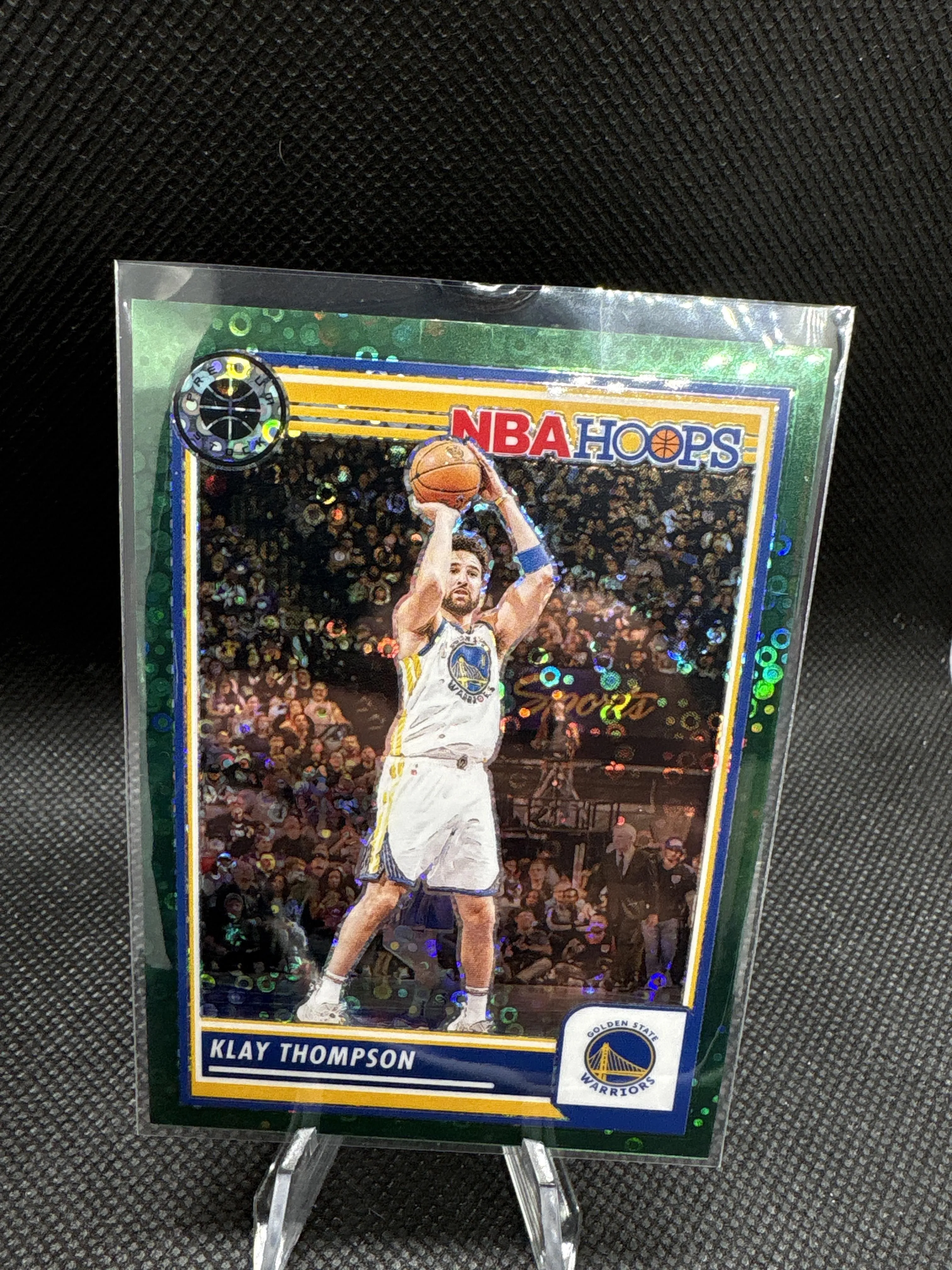 Product image for 2023-24 Hoops Premium Stock #255 Klay Thompson Green Disco Prizm #/5 Warriors