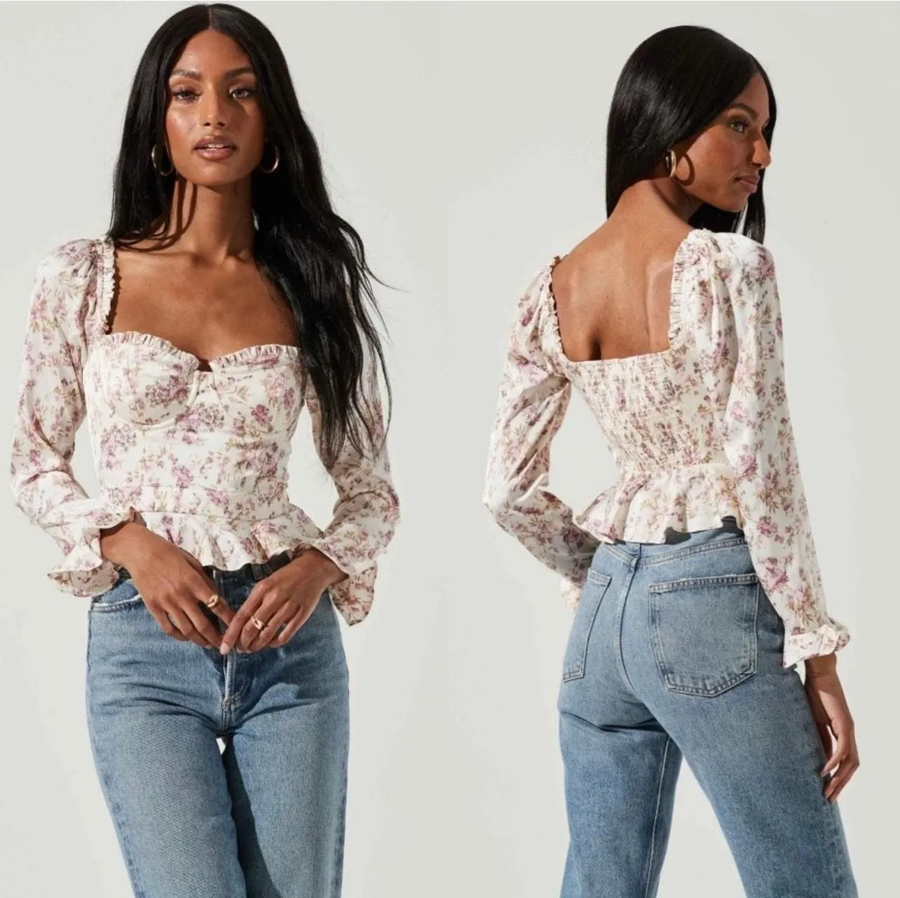 Product image for ASTR Long Sleeve Sweetheart Cinch Bust Floral Top S - pre-owned---excellent - Astr