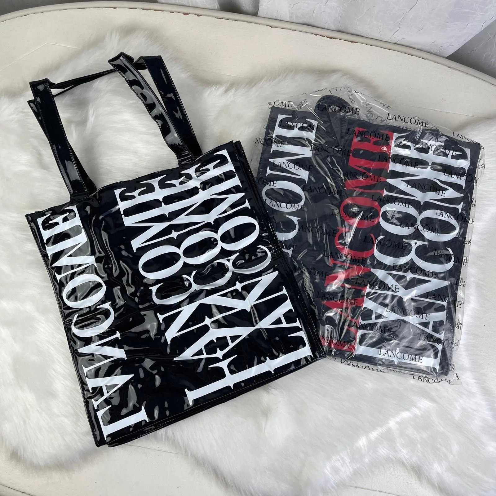 Product image for 2 NWOT Lancome Black White Red Tote Bag Faux Patent Leather Shoulder Bags