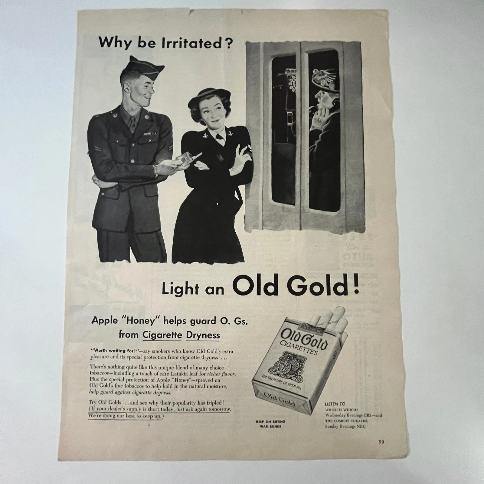 old gold cigarettes ww2 Old Gold Cigarettes Apple Honey Helps Guard O. Gs. 1940s WWII Era Ad SV29-3