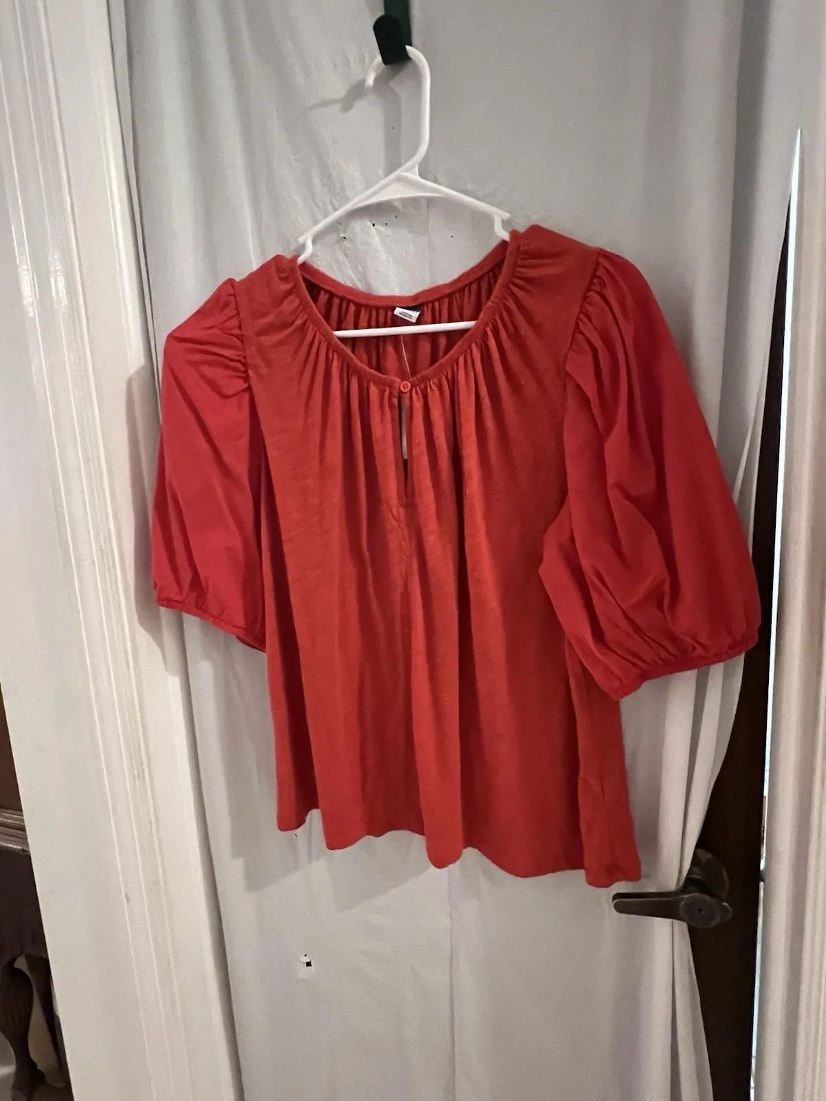 Product image for Old Navy NWT Burnt Orange Puff Sleeve Mixed Media Peasant Top Sz L - Old Navy