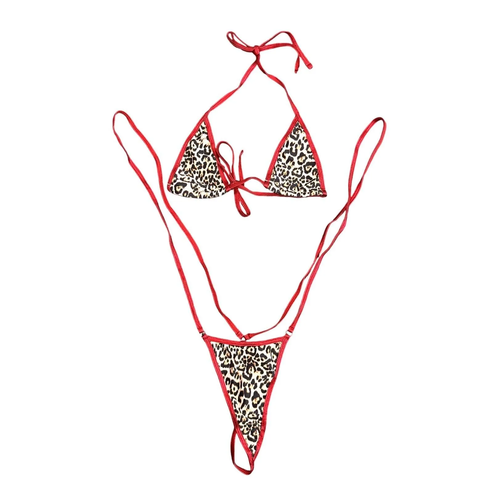 Product image for Tiny Leopard with Red Trim G-String Bikini Set, Size S - new-with-tags - Shein
