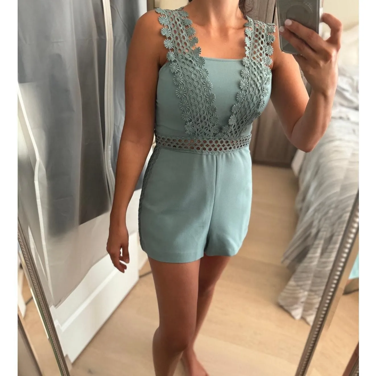 Product image for BLUSH BOUTIQUE Teal Blue Lace Trim Romper | Medium - pre-owned---good - Blush Boutique