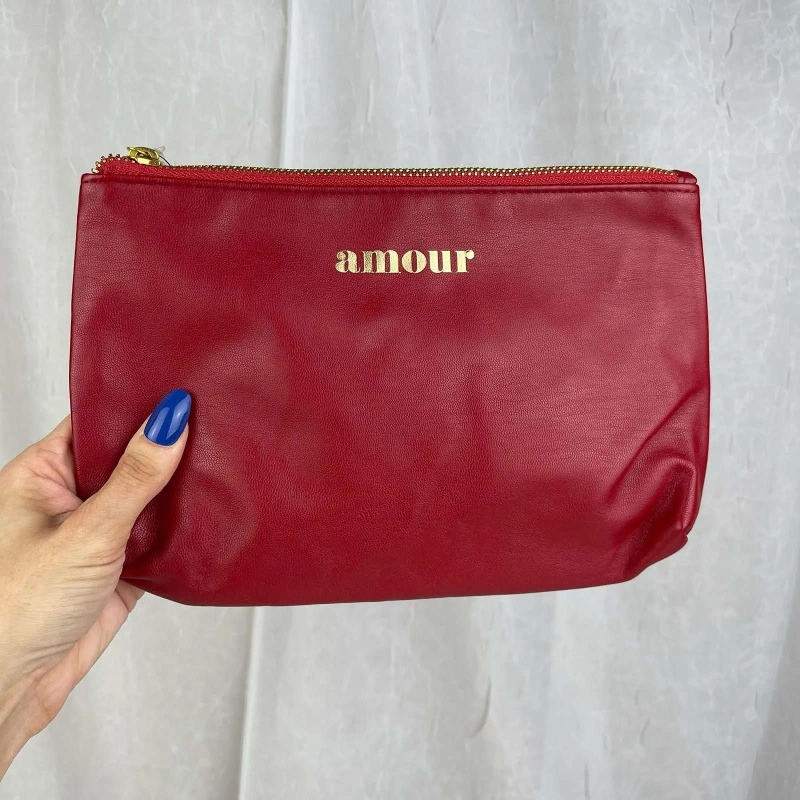 Product image for NWT Red Faux Leather AMOUR Cosmetic Bag Pencil Case Gold Zipper Pouch Forever 21