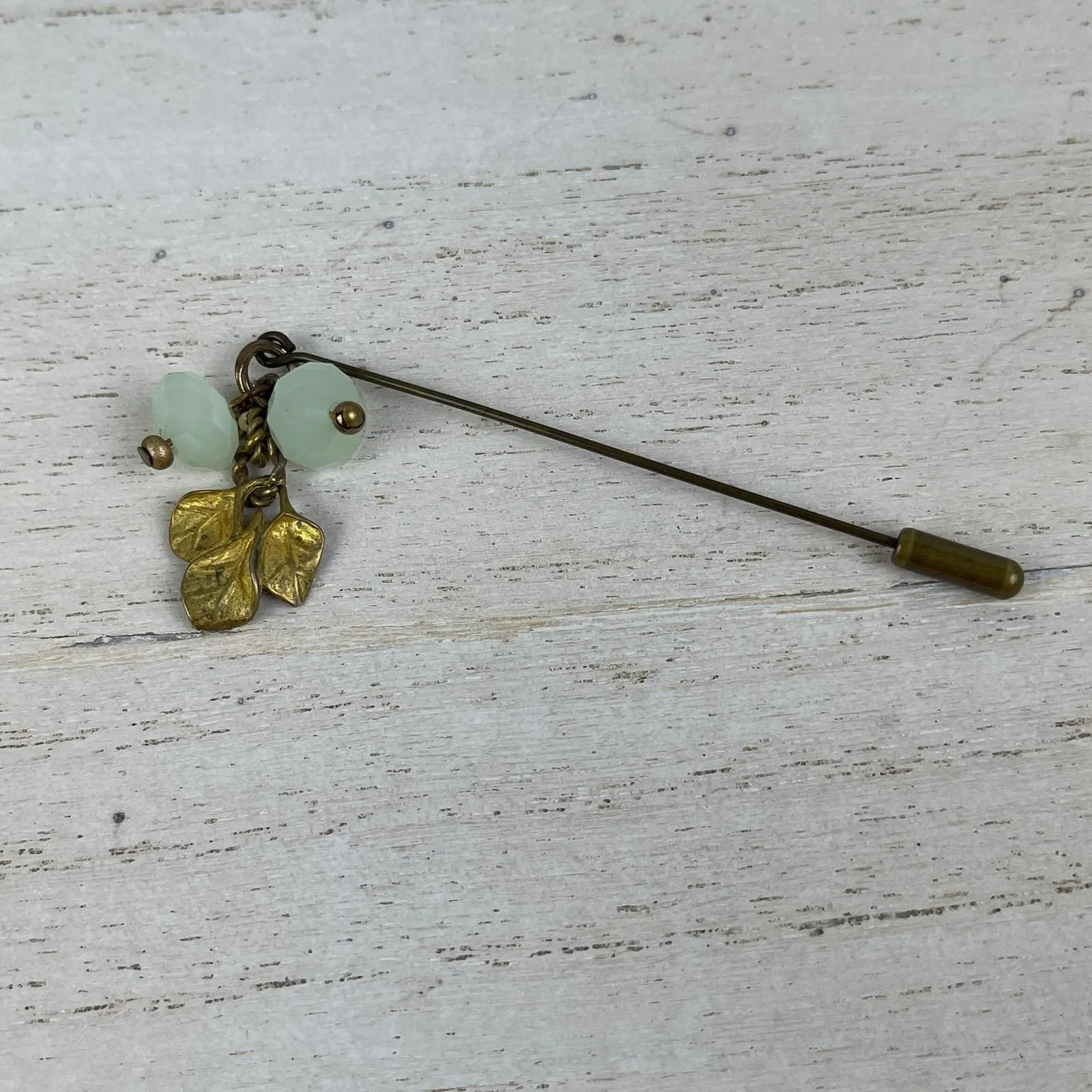 Product image for Brass Gold Tone Stick Pin Leaves Charm Mint Green Faceted Dangling Beads - Brooch - pre-owned---excellent