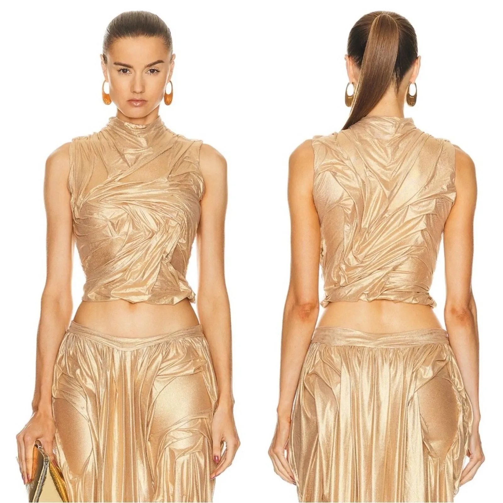 Di Petsa Wetlook High Neck Top in Metallic Gold - Size XL