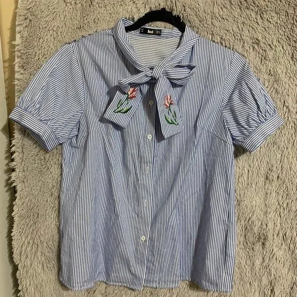 Product image for S blue and white striped neck tie blouse