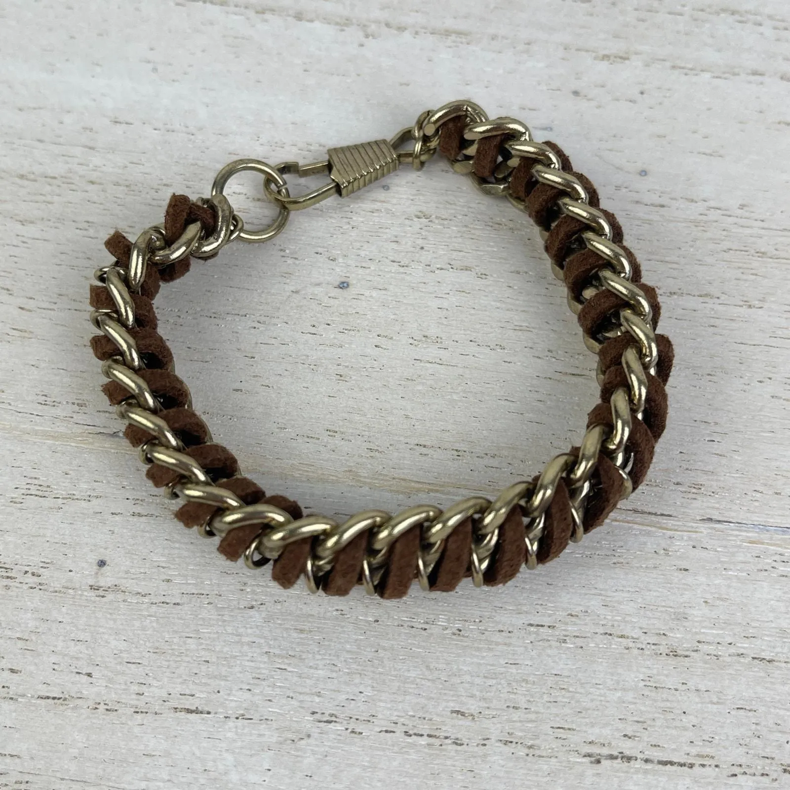 Product image for NWOT Gold Tone Chain Link Bracelet Brown Braided Faux Leather Cord - 7.6 - 8 in - Bracelet - new