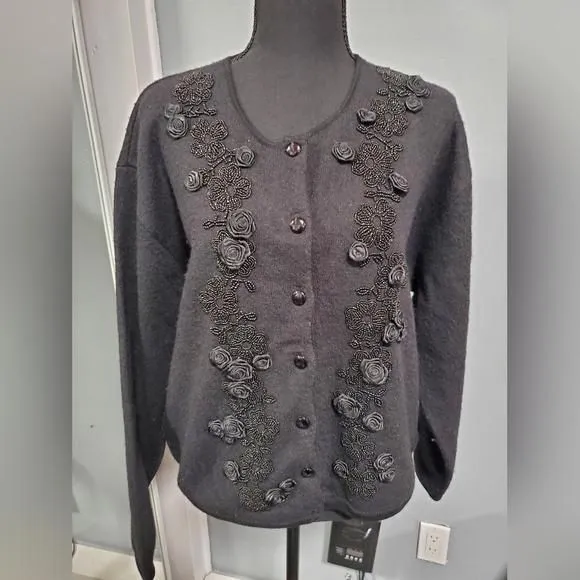 Product image for Vintage DKNY Black Wool Beaded Floral Cardigan Sz L/XL