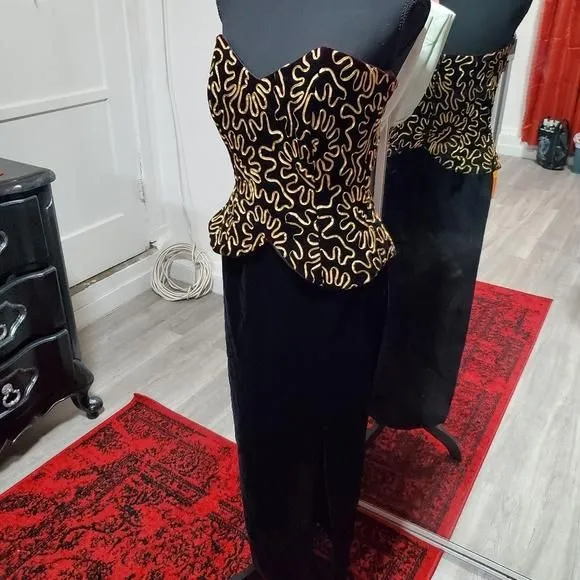 Product image for Vintage Jessica McClintock Black and Gold Velvet Peplum Strapless Dress sz 8