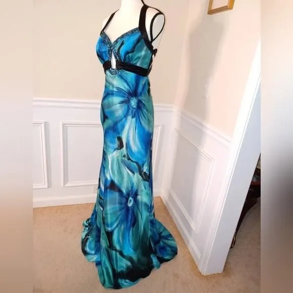 Product image for Hailey Logan by Adrianna Papell Blue Floral Print Beaded Maxi Dress 7/8 (6)